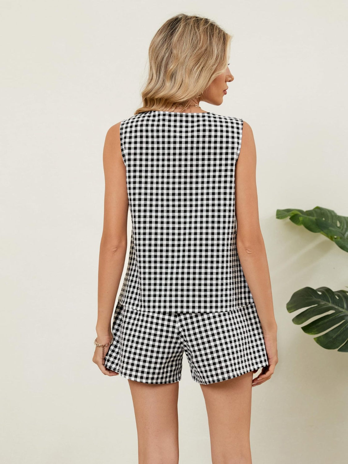 Plaid V-Neck Sleeveless Top and Shorts Set