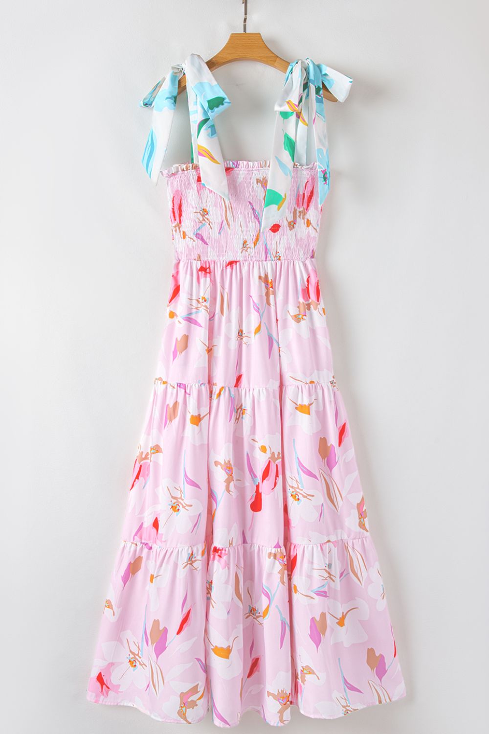 Floral Print Knotted Shoulder Smocked Maxi Dress