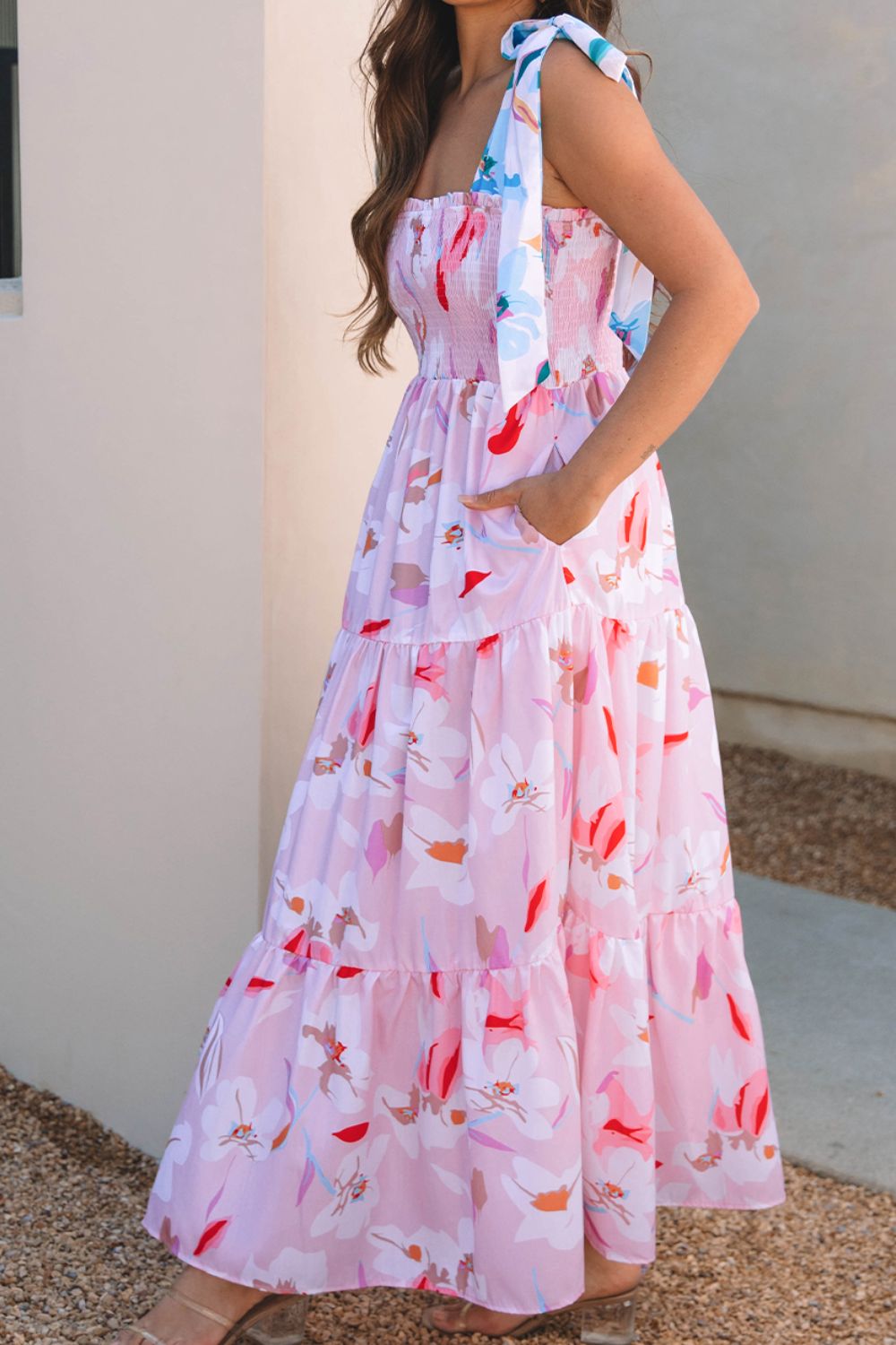 Floral Print Knotted Shoulder Smocked Maxi Dress