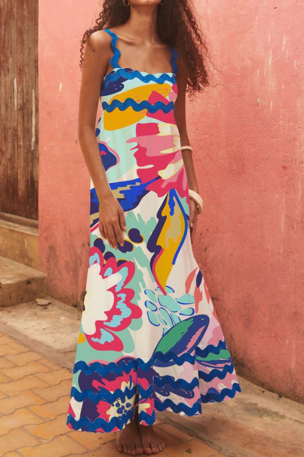 Printed Square Neck Wide Strap Dress