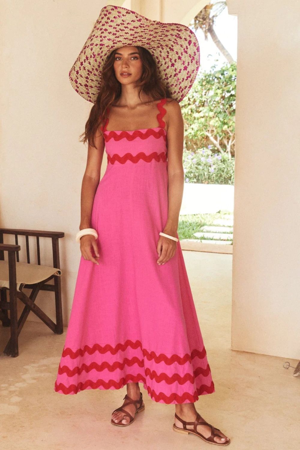 Contrast Trim Square Neck Wide Strap Dress