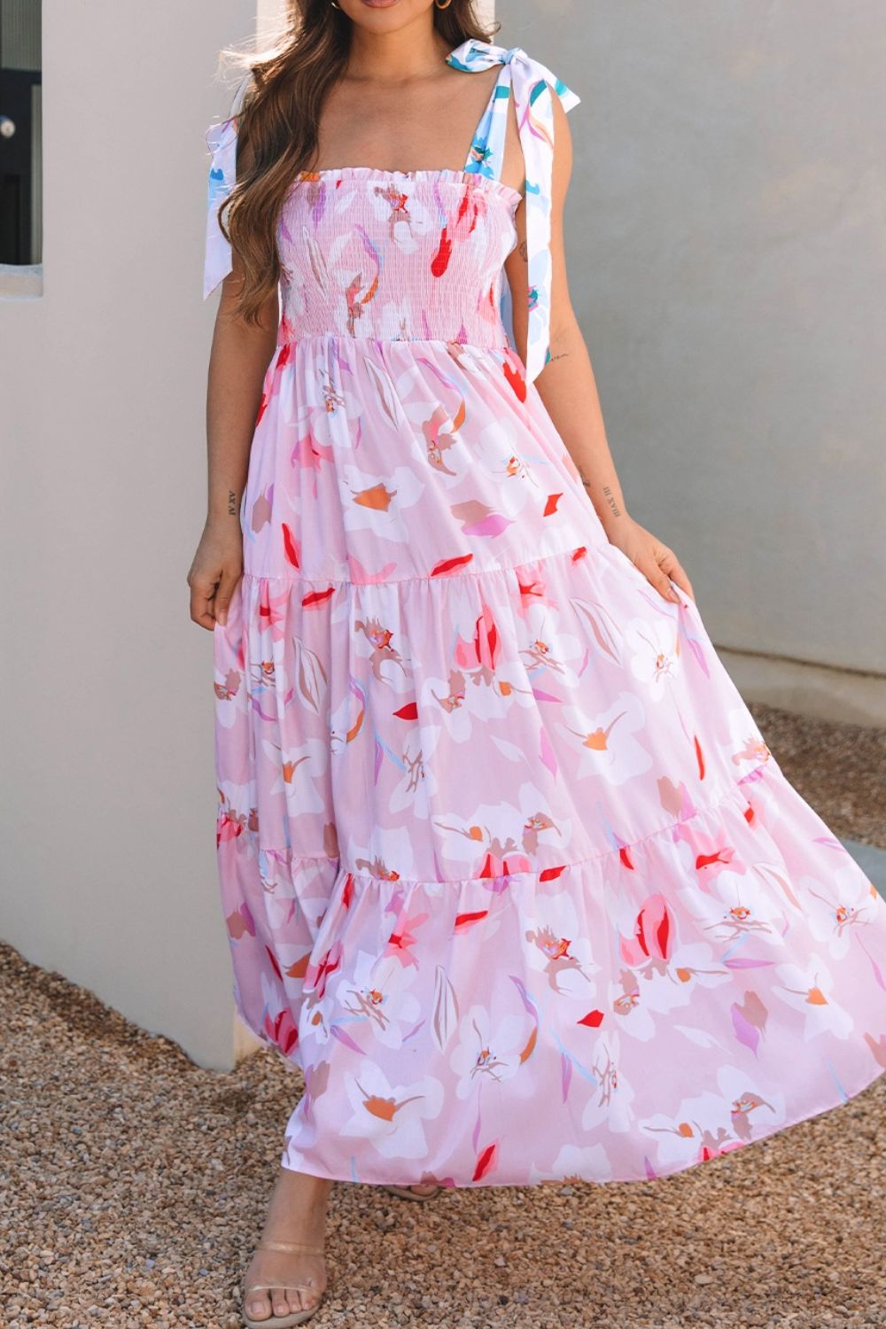 Floral Print Knotted Shoulder Smocked Maxi Dress