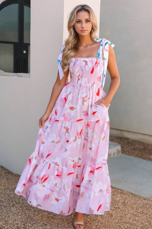 Floral Print Knotted Shoulder Smocked Maxi Dress
