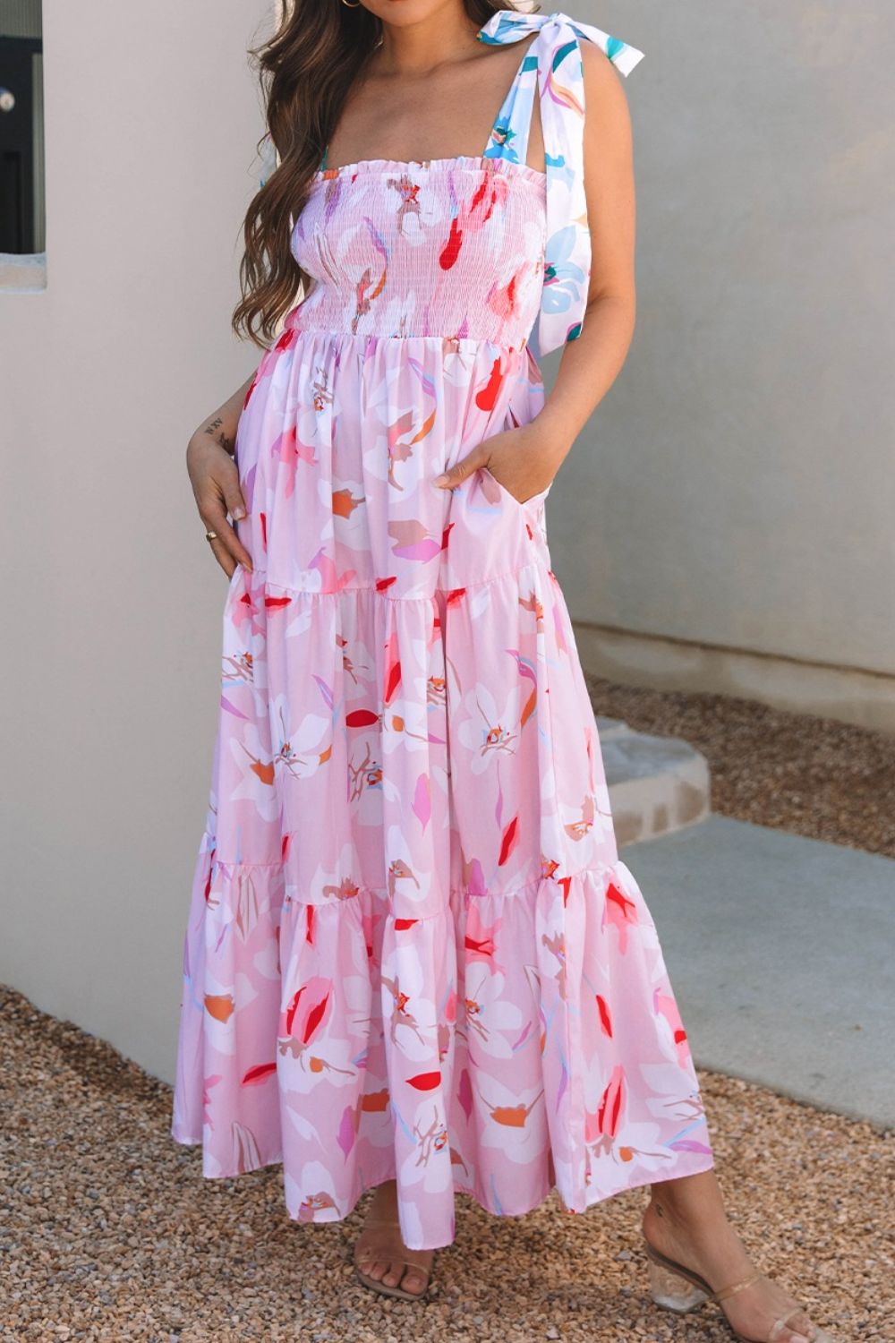 Floral Print Knotted Shoulder Smocked Maxi Dress