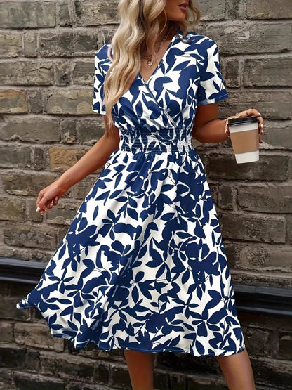 Printed Smocked Surplice Short Sleeve Dress