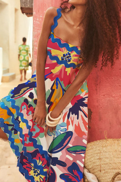 Printed Square Neck Wide Strap Dress