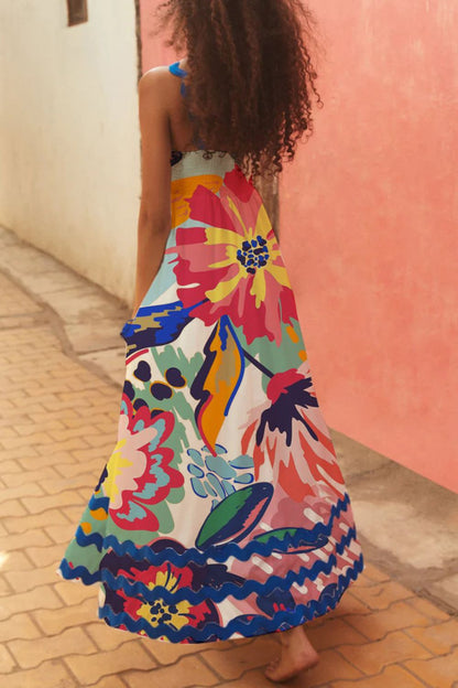 Printed Square Neck Wide Strap Dress