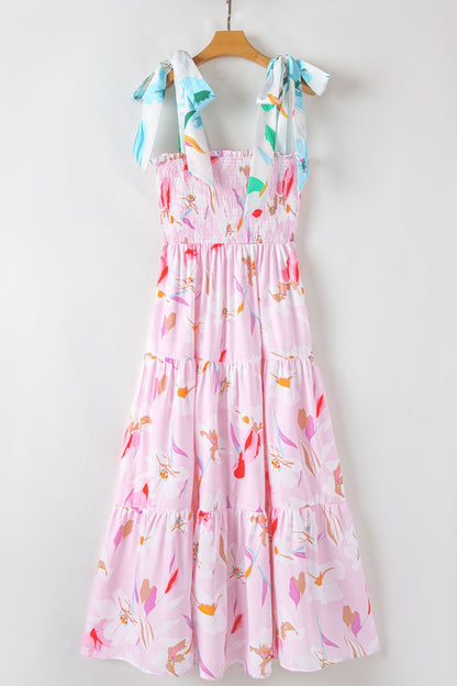 Floral Print Knotted Shoulder Smocked Maxi Dress