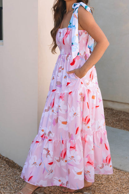 Floral Print Knotted Shoulder Smocked Maxi Dress