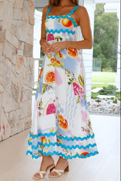 Printed Square Neck Wide Strap Dress