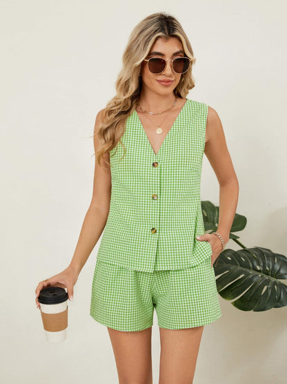 Plaid V-Neck Sleeveless Top and Shorts Set