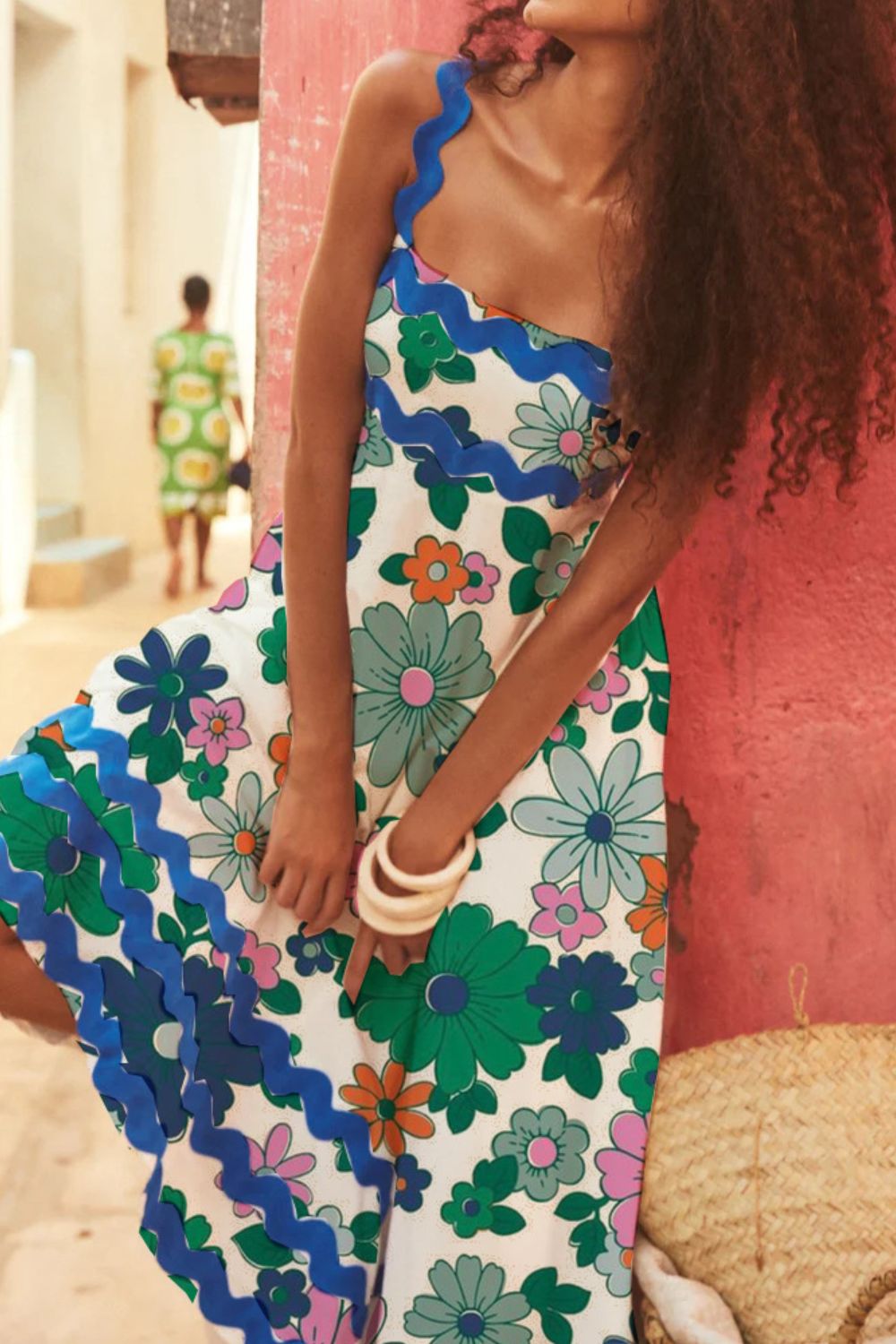 Printed Square Neck Wide Strap Dress