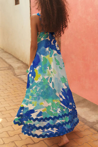 Printed Square Neck Wide Strap Dress