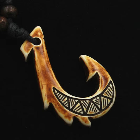 Hawaiian Carved Tune Fish Bone Hook Pendent