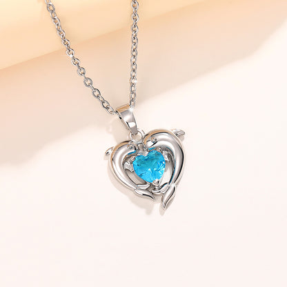 Dolphin Shaped Dazzling Blue Heart Necklace