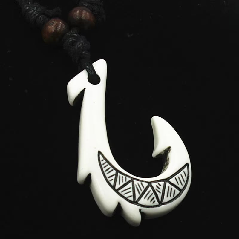 Hawaiian Carved Tune Fish Bone Hook Pendent