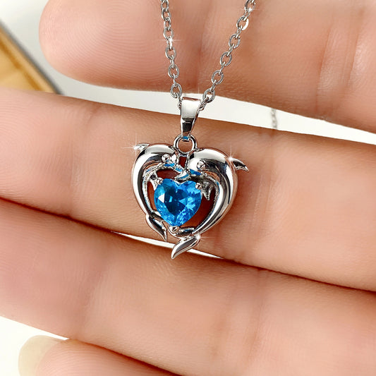 Dolphin Shaped Dazzling Blue Heart Necklace