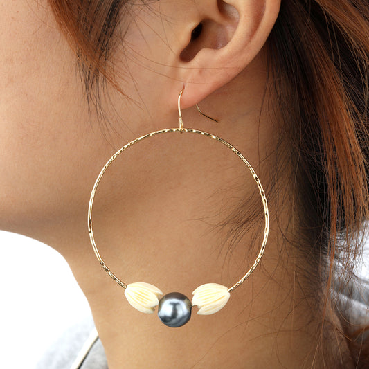 Hawaiian Pikake and Shell Pearl Hoop Earrings