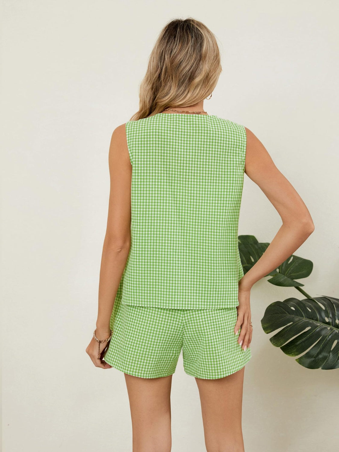 Plaid V-Neck Sleeveless Top and Shorts Set