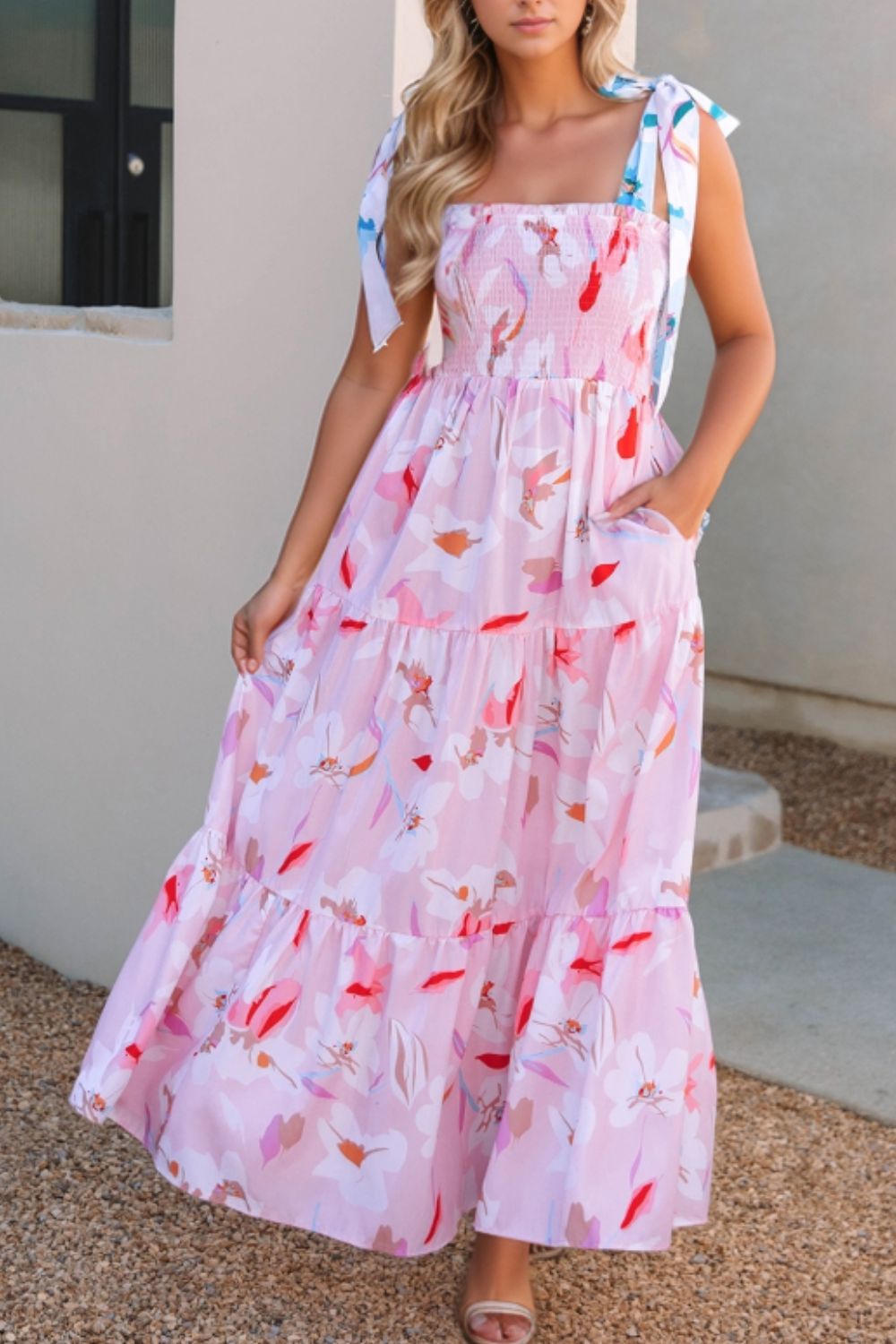 Floral Print Knotted Shoulder Smocked Maxi Dress
