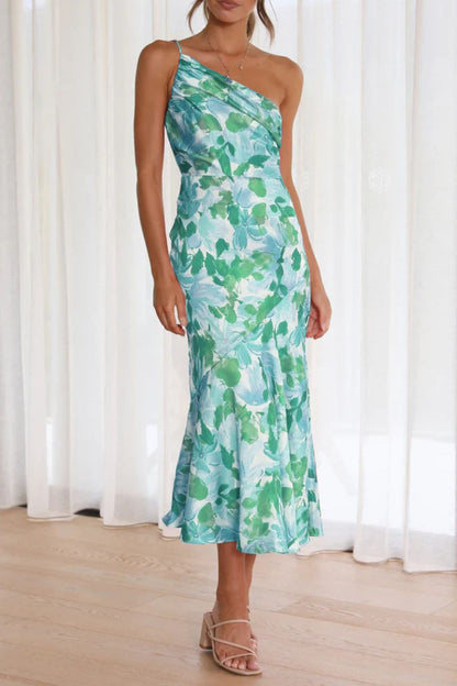 Ruched Printed Single Shoulder Midi Dress