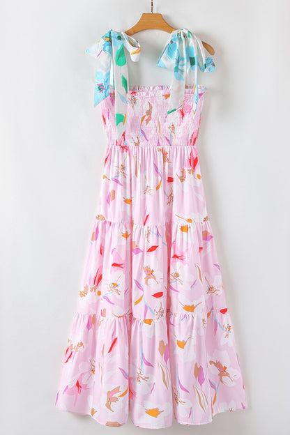 Floral Print Knotted Shoulder Smocked Maxi Dress
