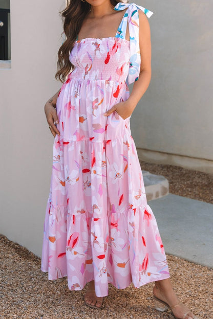 Floral Print Knotted Shoulder Smocked Maxi Dress