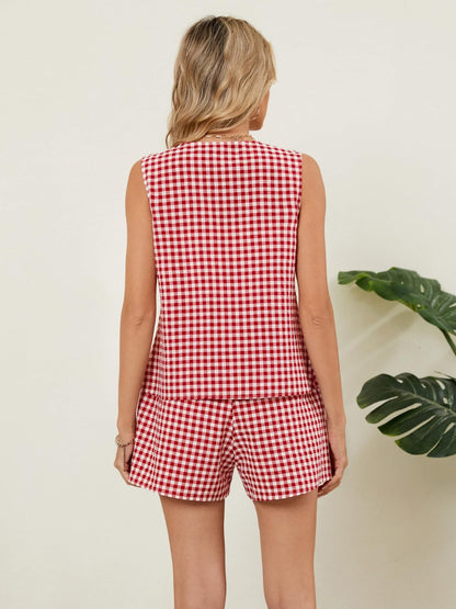 Plaid V-Neck Sleeveless Top and Shorts Set