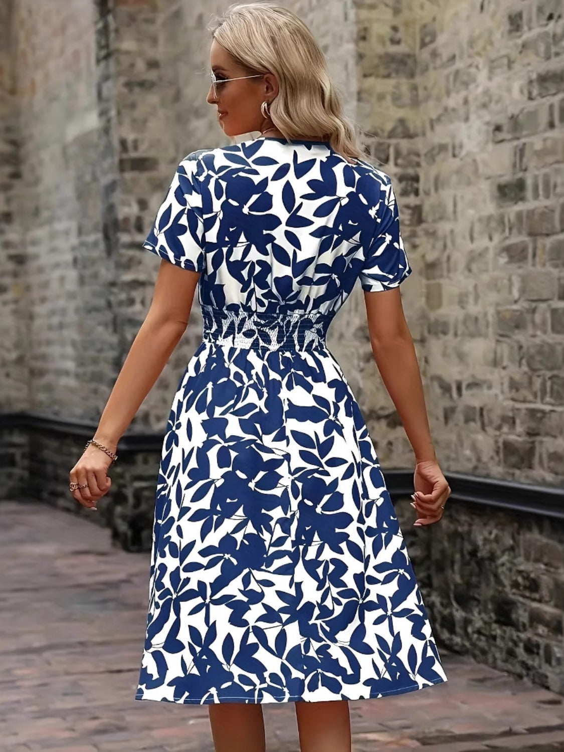 Printed Smocked Surplice Short Sleeve Dress